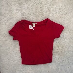 Bozzolo Red V-Neck Ribbed Crop Top